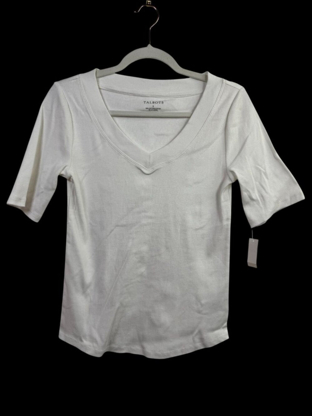 NEW Talbots White V-Neck Ribbed Knit Tee Short Sleeves Womens Size Small Basics